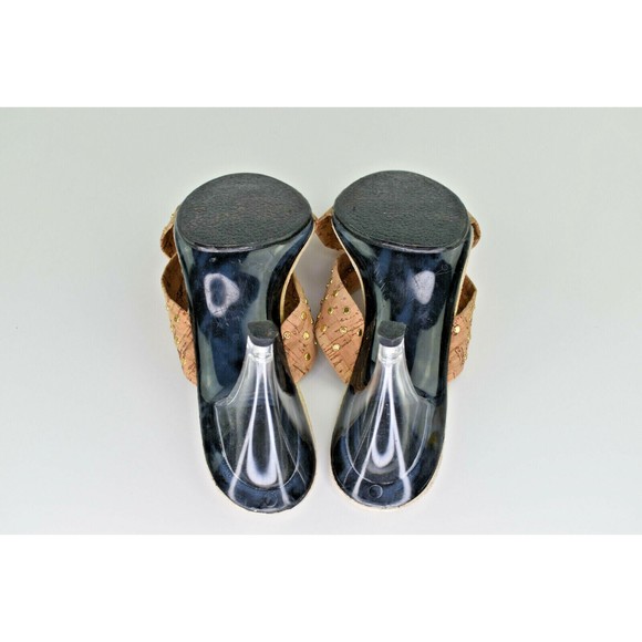 Norman Kaplan Las Vegas Woman's Heels Leather Cork Gold Studded Lucite Size 6 - Picture 8 of 9